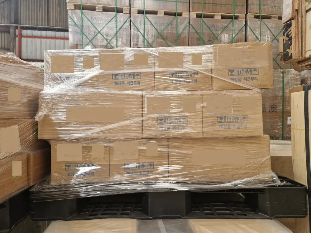 Devanned pallets from a shipping container from South Korea