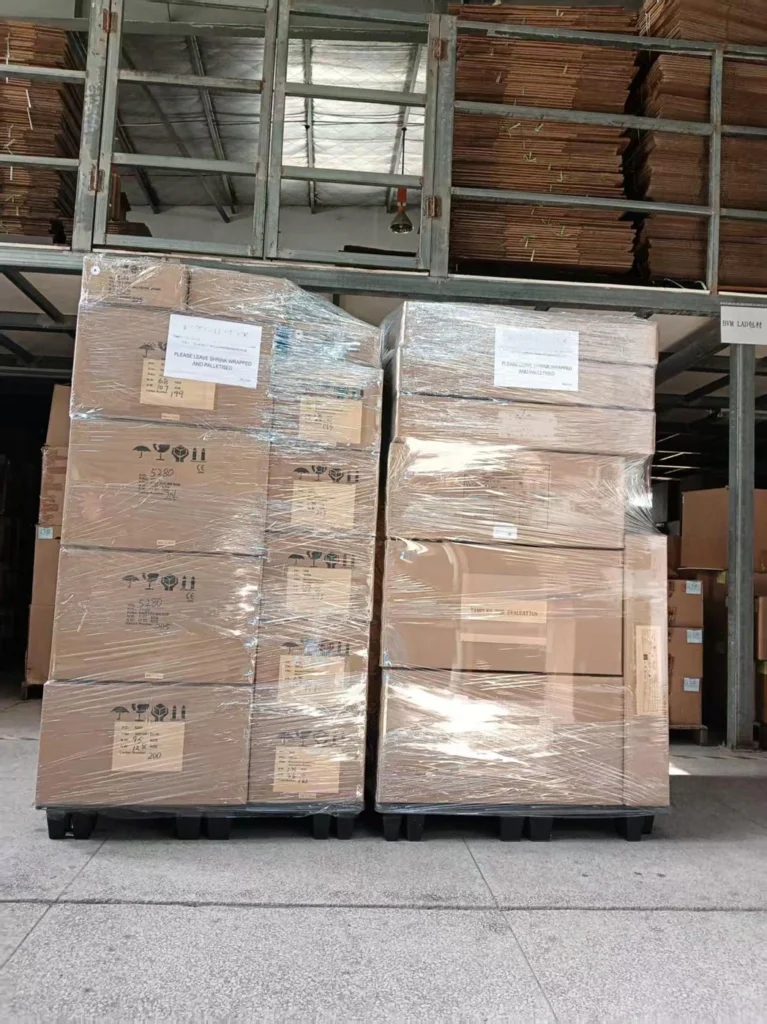 Shrink wrapped pallets in a warehouse for shipping from China