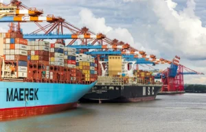 Two sea freight vessels berthed at a port to loading and unloading. Gantry cranes overhead